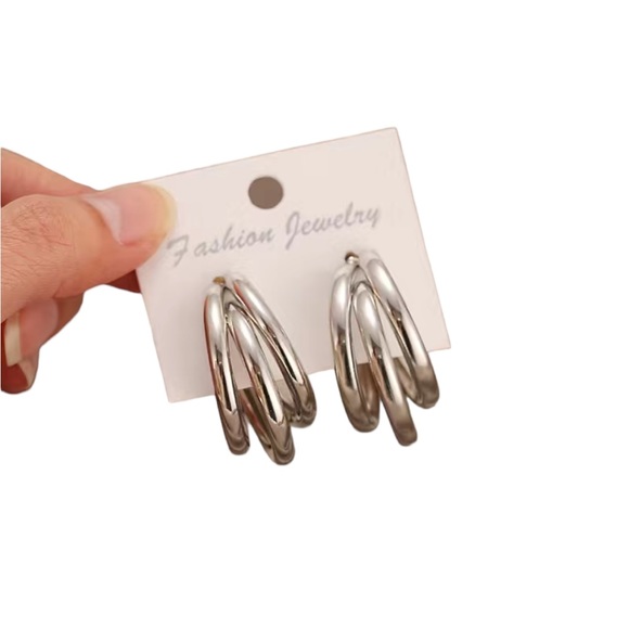 Geometric C Shaped Silver Hoop Earrings - Picture 2 of 4